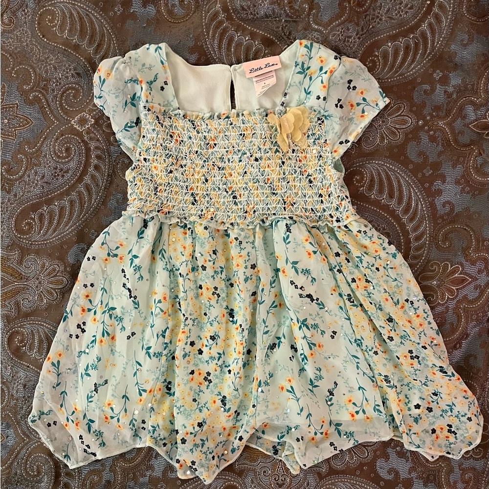 Little Lass Sundress in Green and Yellow with Smocked Bodice and Puff Sleeves